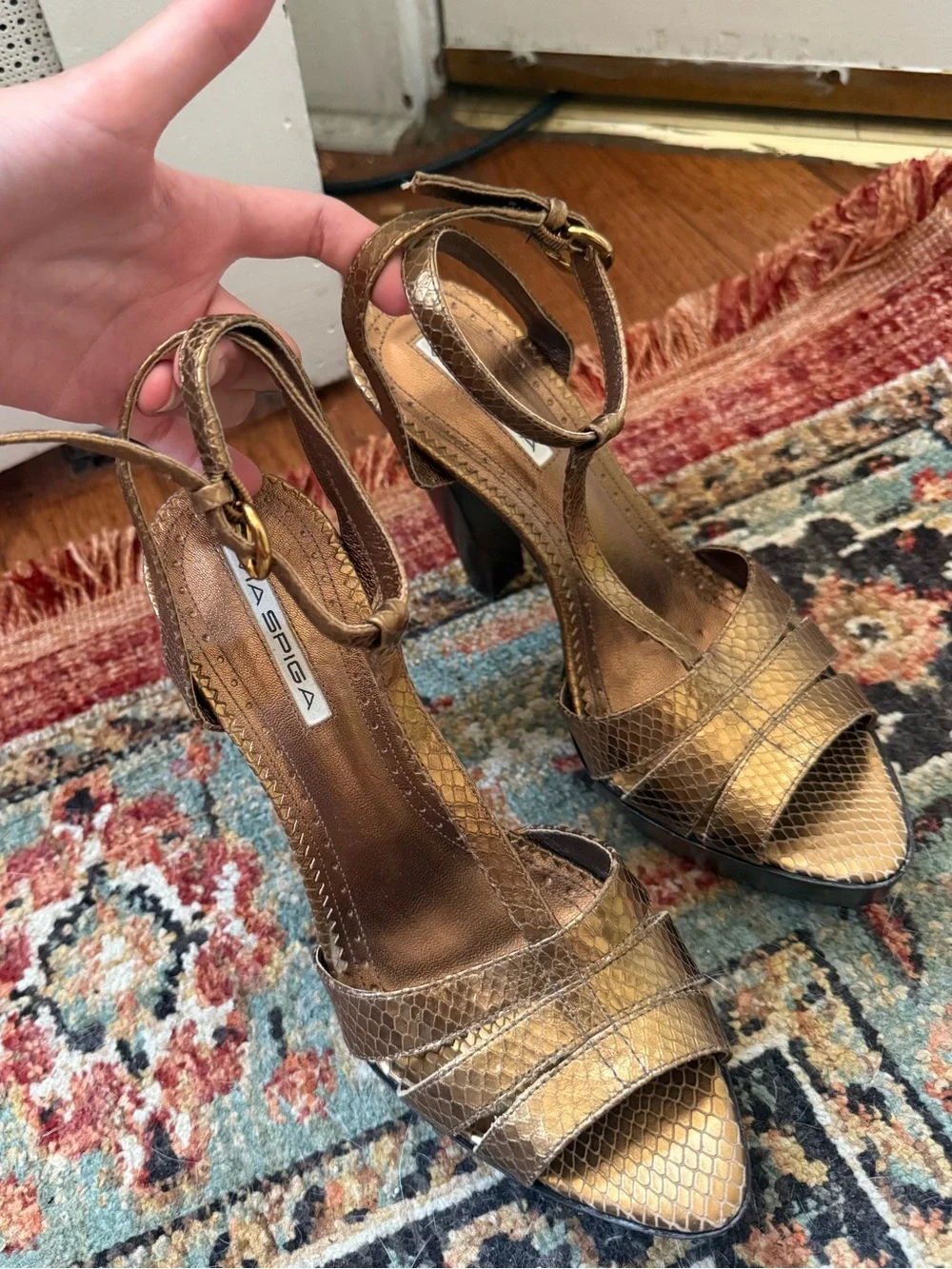 Via Spiga Bronze Snake-Embossed y2k Platform Slingback Heels